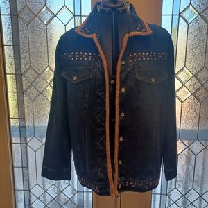 Dress Barn 2X Blue Denim Jeans Jacket Embellished Embroidered Pink Metal